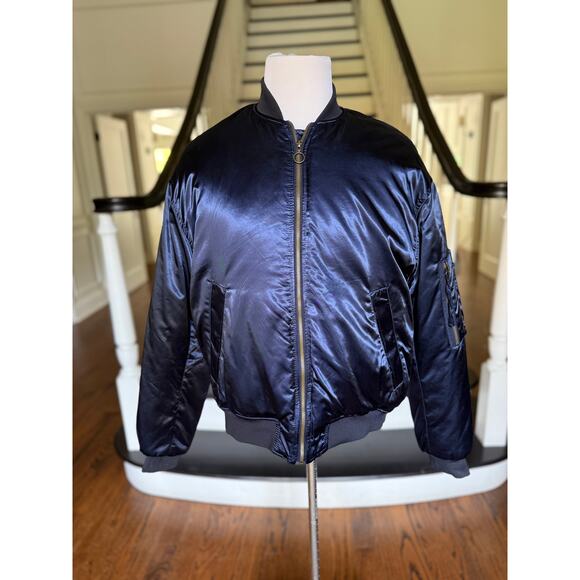 ZARA MAN Blue Satin Bomber Jacket Fall Winter Modern Urban StreetStyle Alt Indie - Picture 2 of 10